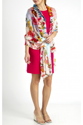 Eșarfă de vară din mătase și modal cu desen floral de culoare albastru și roz  [1]