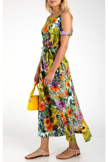 Rochie cu decupaje spectaculoase pe umeri și imprimeu floral de culoare galbenă 