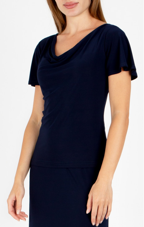Bluză elegantă cu decolteu drapat, în culoarea Dark Navy Blue