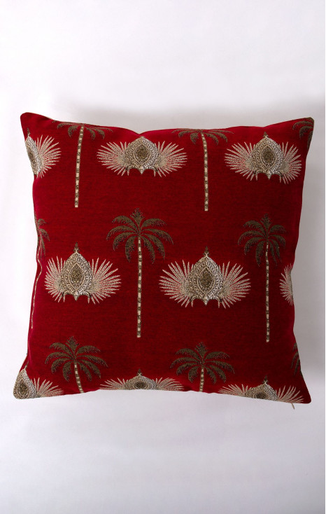 Față de pernă decorativă cu motive oriental și palmieri în culoare roșie