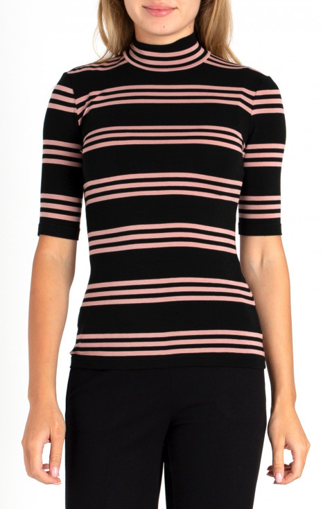 Bluză cu stil cu guler polo cu mânecă scurtă în culoarea neagră cu dungi roz  