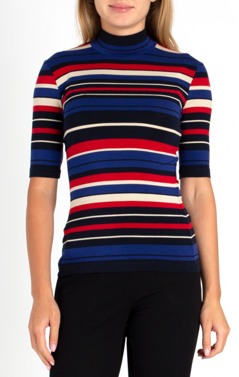 Bluză cu stil cu guler polo cu mânecă scurtă în dungi colorate în albastru și roșu
