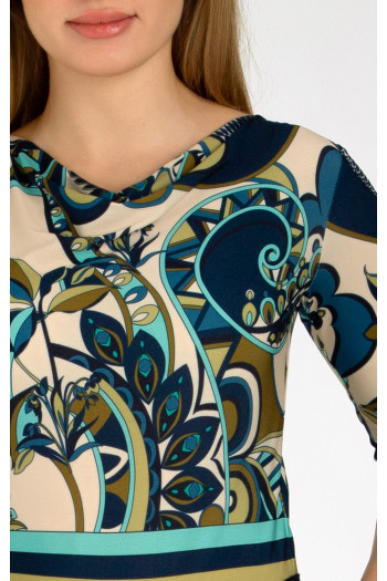Bluză atractivă din tricot elastic cu decolteu drapat și un imprimeu floral abstract [1]