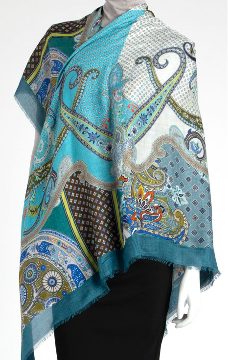 Cash-modal scarf with paisleys pattern in blue-green color [1]