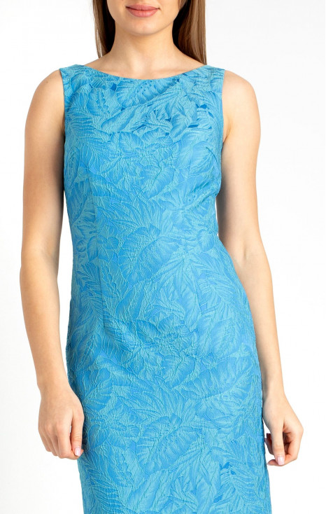 Rochie cu croială dreaptă din din jacquard satinat  French Blue cu motive florale de culoare Pastel Turquoise