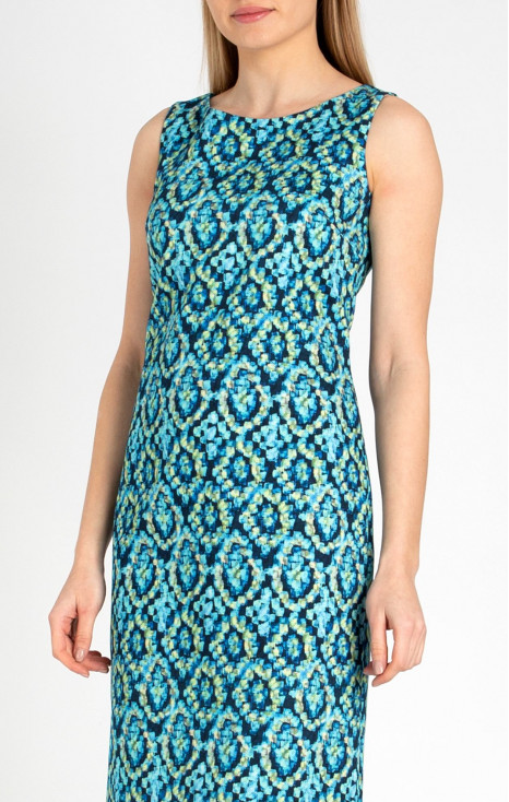Straight-fit sleeveless dress, made of colorful printed cotton fabric