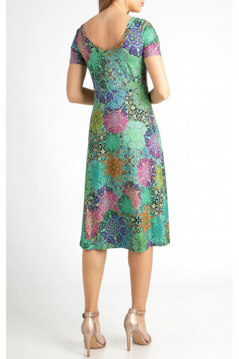 Rochie elegantă din tricot de culoare Turquoise cu imprimeu grafic multicolor [1]