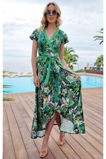Rochie lungă de vară tip „îmbrățișează-mă” cu imprimeu floral de culoare verde