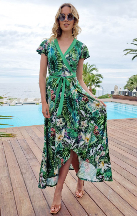 Rochie lungă de vară tip „îmbrățișează-mă” cu imprimeu floral de culoare verde