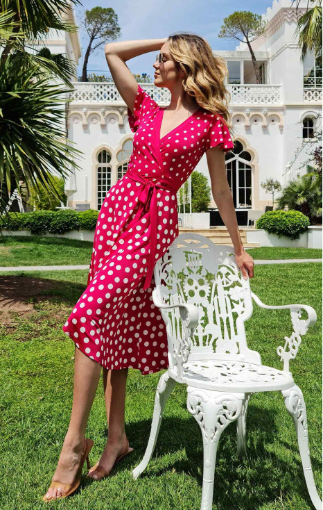 Rochie elegantă tip „îmbrățișează-mă” din jerseu de lux, de culoare Bright Rose în stil  Polka Dots