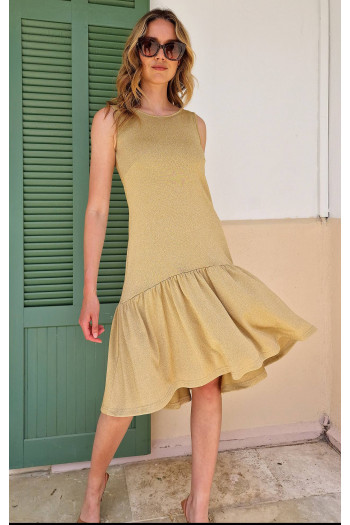 Rochie elegantă cu volan asimetric din tricot în culoare Golden Beige cu strălucire [1]
