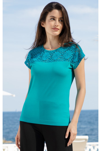 Bluză cu siluetă lejeră cu platcă din dantelă de culoare Caribbean Sea
