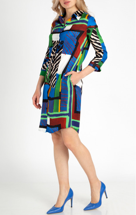 Rochie elegantă tip cămașă din viscoză satinată de lux cu imprimeu grafic