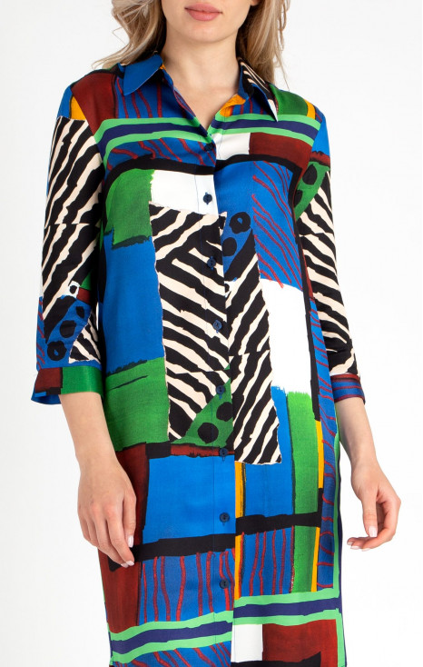 Rochie elegantă tip cămașă din viscoză satinată de lux cu imprimeu grafic