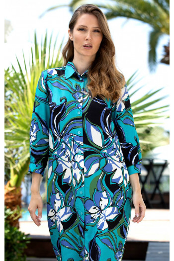 Rochie stilată din viscoză satinată de lux, de culoare Turquoise cu imprimeu floral [1]