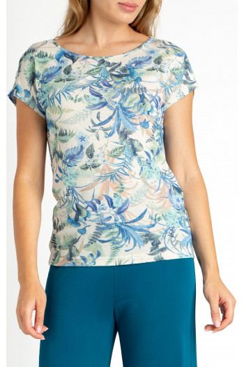 Loose silhouette blouse with linen and blue flowers