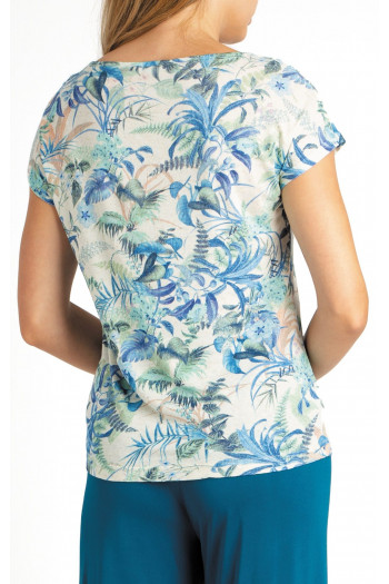 Bluză cu siluetă lejeră cu in și motive florale albastre [1]