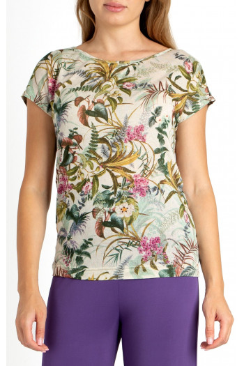 Loose silhouette blouse with linen and tropical print