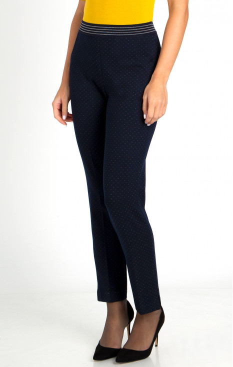 Pantaloni dintr-un material de tricot mulat, de culoare Dark Sapphire, cu puncte colorate