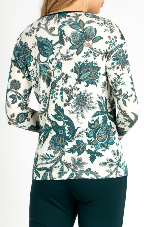 Bluză cu siluetă lejeră cu motive florale verzi pe baza albă. 