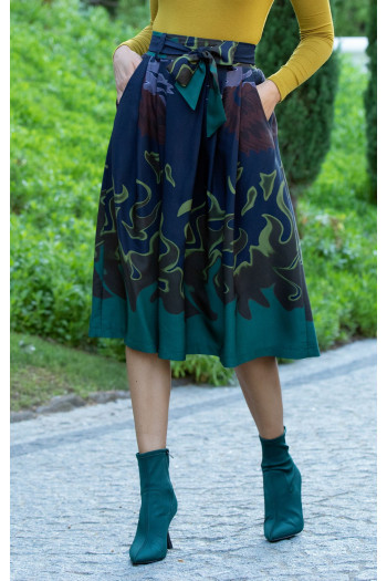 Fustă midi elegantă din viscoză de înaltă calitate, cu model stilat de albastru-verde [1]