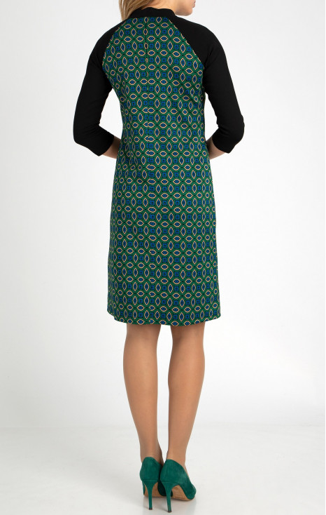 Rochie dintr-un material de tricot de cu imprimeu grafic, albastru și verde [1]