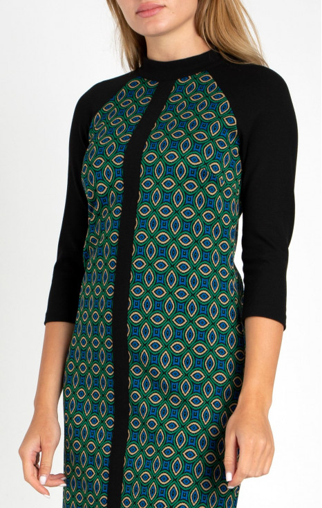 Rochie dintr-un material de tricot de cu imprimeu grafic, albastru și verde