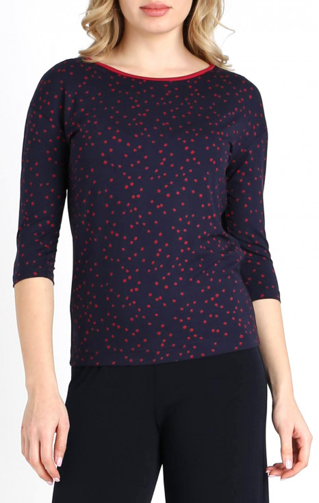 Bluză cu siluetă lejeră de culoare Indigo cu puncte de culoare roșie de zmeură