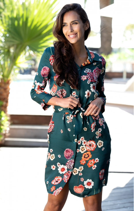 Rochie stilată din vâscoză satinată, de culoare Atlantic Deep, cu imprimeu floral