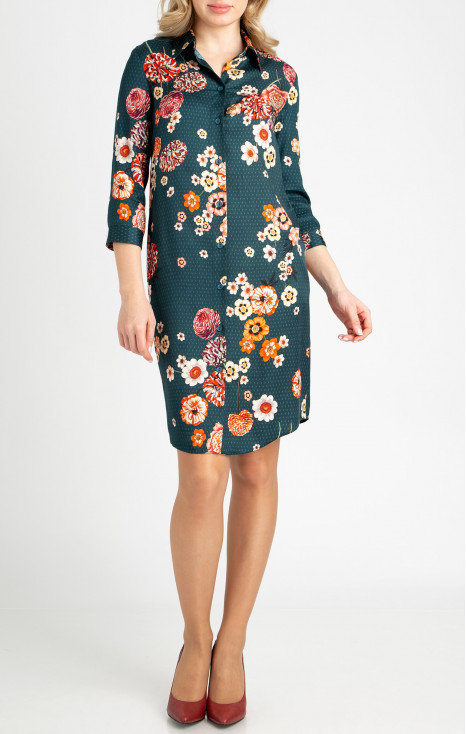Rochie stilată din vâscoză satinată, de culoare Atlantic Deep, cu imprimeu floral
