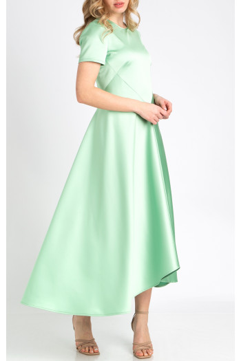 Rochie elegantă lungă cu tiv asimetric de culoare Pastel Green cu strălucire satinată