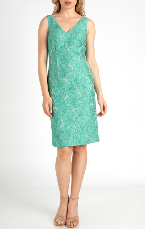 Rochie dreaptă din jacquard satinat de culoare Sea Green cu motive florale