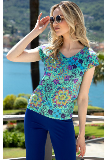 Bluză cu siluetă lejeră cu imprimeu grafic multicolor, de culoare Aqua Green [1]