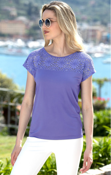 Bluză elegantă, de culoare Violet Storm cu platcă din dantelă