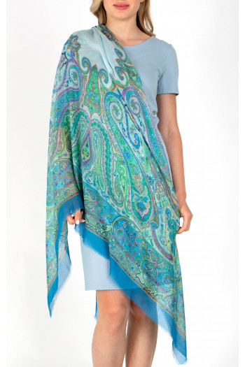 Eșarfă minunată din modal și mătase cu motive paisley în culorile albastru și verde