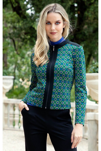 Sacou sport-elegant din jacquard de tricot în albastru și verde 