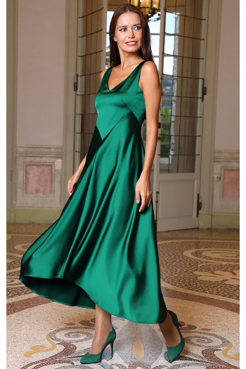 Rochie lungă și elegantă din satin solid de culoare Emerald Green