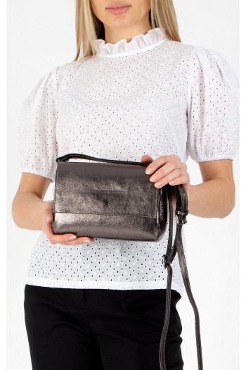 Geantă mică practică din piele naturală de culoare Gunmetal cu luciu 