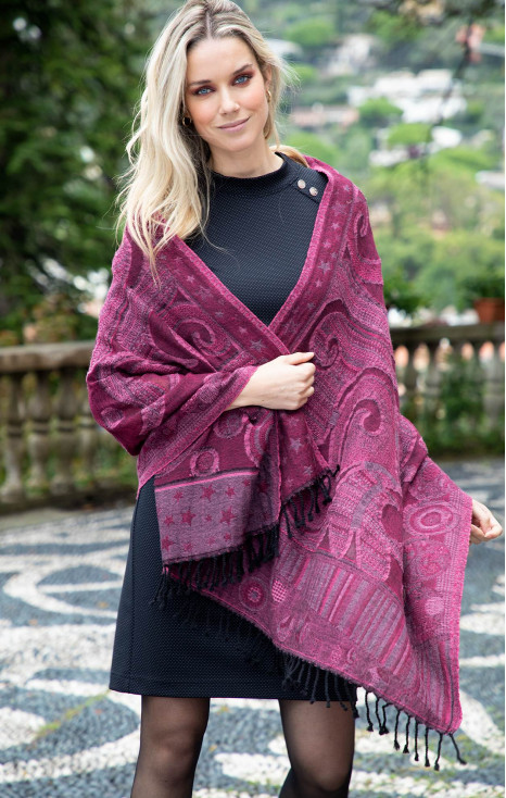 Fular călduros din lână jacquard, de culoare Red Plum