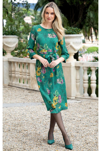 Rochie elegantă midi din viscoză luxoasă de culoare Antique Green cu motive florale