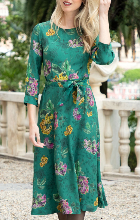 Rochie elegantă midi din viscoză luxoasă de culoare Antique Green cu motive florale