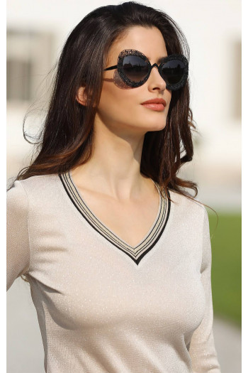 Bluză ajustată cu decolteu V în bej deschis cu sclipici argintiu [1]