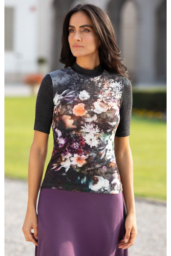 Bluza din tricot moale, cu guler polo scurt și imprimeu floral