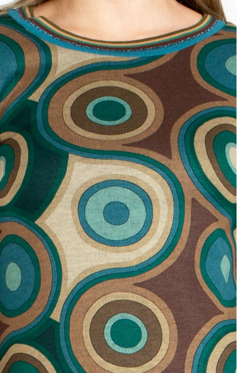 Rochie dreaptă din tricot călduros, cu imprimeu grafic în nuanțe de verde și maro