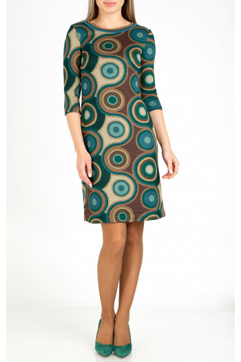 Rochie dreaptă din tricot călduros, cu imprimeu grafic în nuanțe de verde și maro [1]