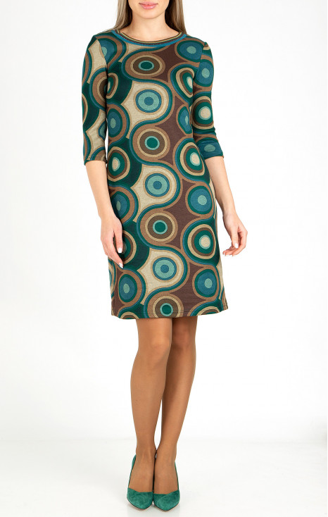 Rochie dreaptă din tricot călduros, cu imprimeu grafic în nuanțe de verde și maro [1]