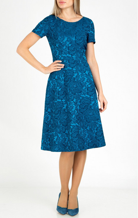 Rochie evazată formală din jacquard satinat de culoare Blue Sapphire cu motive florale frumoase [1]