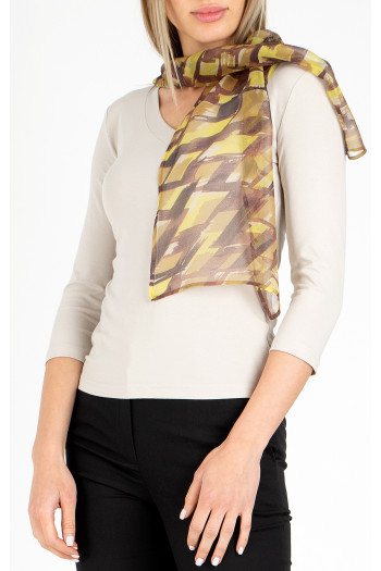 Eșarfă din 100% mătase cu imprimeu grafic în culorile galben și maro 