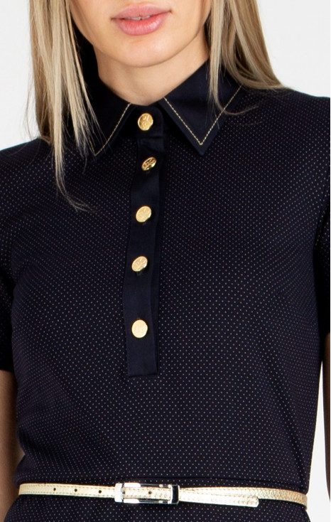 Rochie midi stilată din tricot de lux, de culoare Blue Graphite cu buline albe delicate