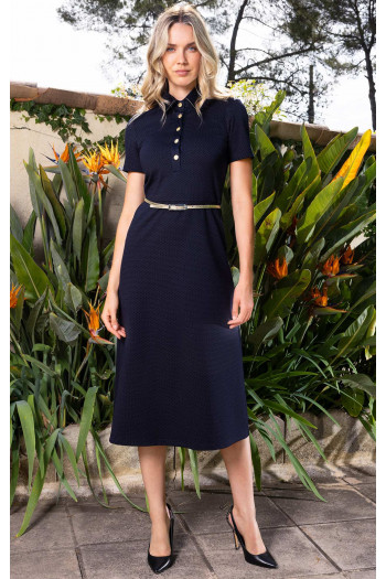 Rochie midi stilată din tricot de lux, de culoare Blue Graphite cu buline albe delicate